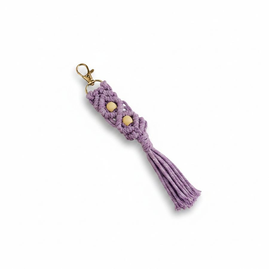 Handmade Macrame Tassel Keychain | Cotton Cord Boho Keychain with Wooden Beads | Decorative Bag Charm and PhoneAccessory | Purple