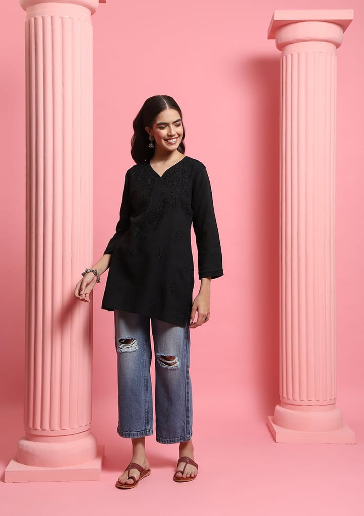 Cotton Chikankari Solid Women's Short Kurta - Black view 2
