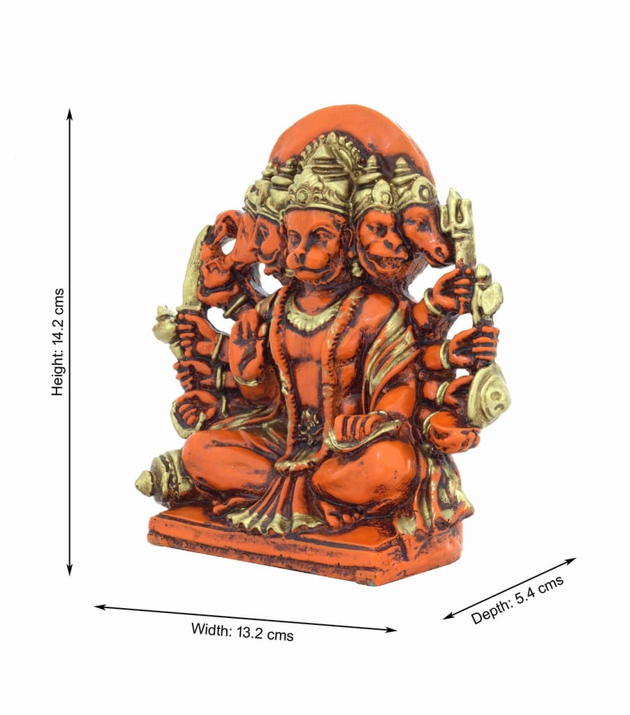 COPPERHOARD Multi Gold Colour Resin Panchmukhi Hanuman Murti Vintage Statue for Home Temple (Saffron) view 2