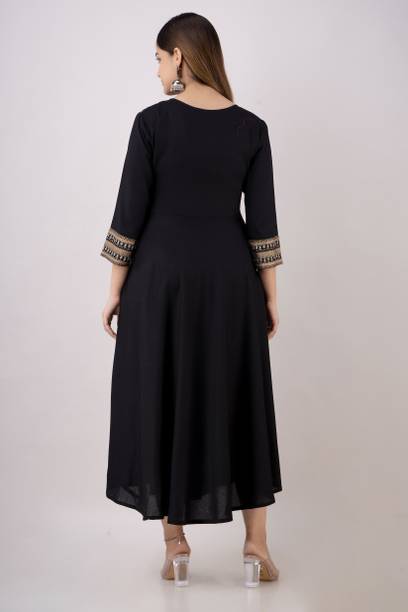 Women Embroidered Viscose Rayon Flared Kurta (Black) view 2
