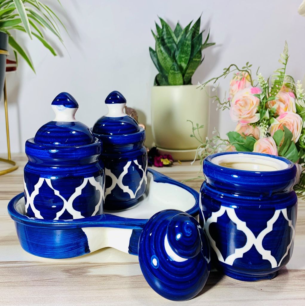 Homefrills Handcrafted Multi-Utility Storage Ceramic Jars & Containers with Lid & Tray for Kitchen & Dinning Table Snacks/Chutney/Pickle Serving jar set(3 jars with Lid & 1 Tray) Colour-Blue view 2
