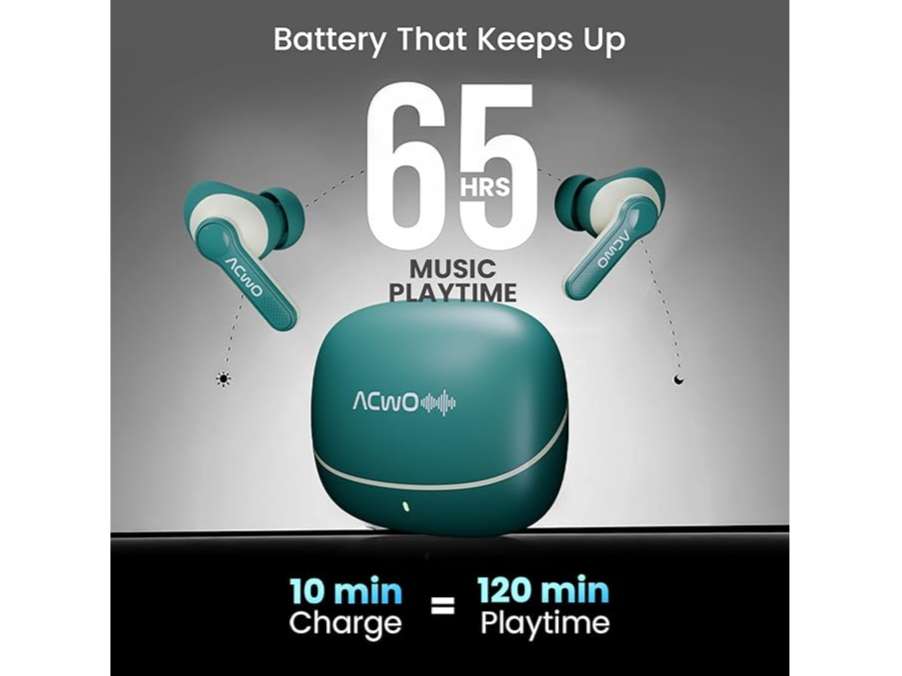 ACwO Dwots 313 Wireless in Ear Earbuds, 50Ms Low Latency, 3 Preset EQ Modes, IPX5 Water Resistant, Charging 10MinsCharge = 120Mins Playtime - Cool-Green view 2