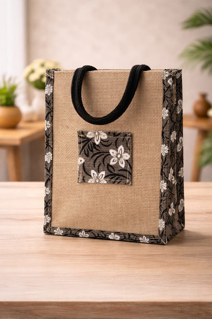 Stylish Jute Floral Print Small Tote Bag with Rope Handles view 2