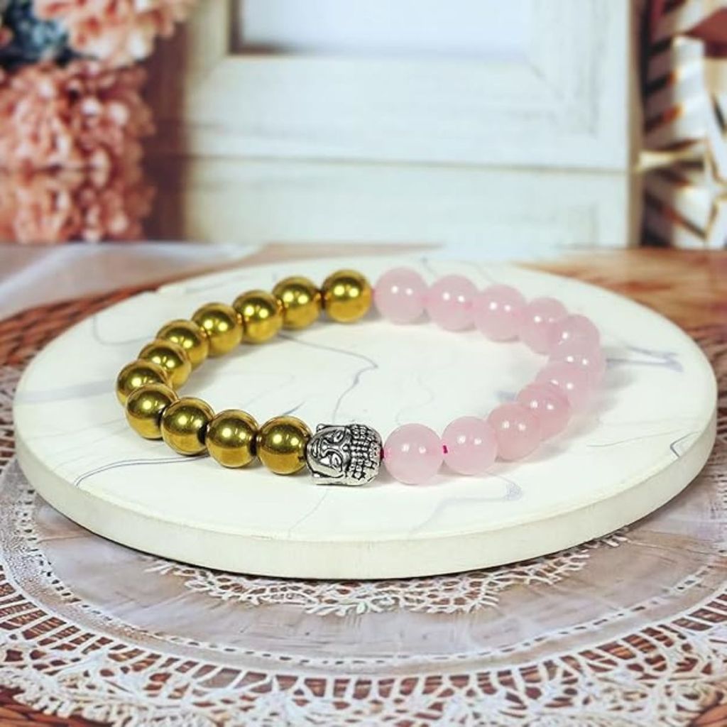 Rose Quartz & Golden Hematite Bracelet – Natural Healing Crystal Beads for Men & Women, Love & Positivity Energy Bracelet, Stretchable Handcrafted Jewelry Gift