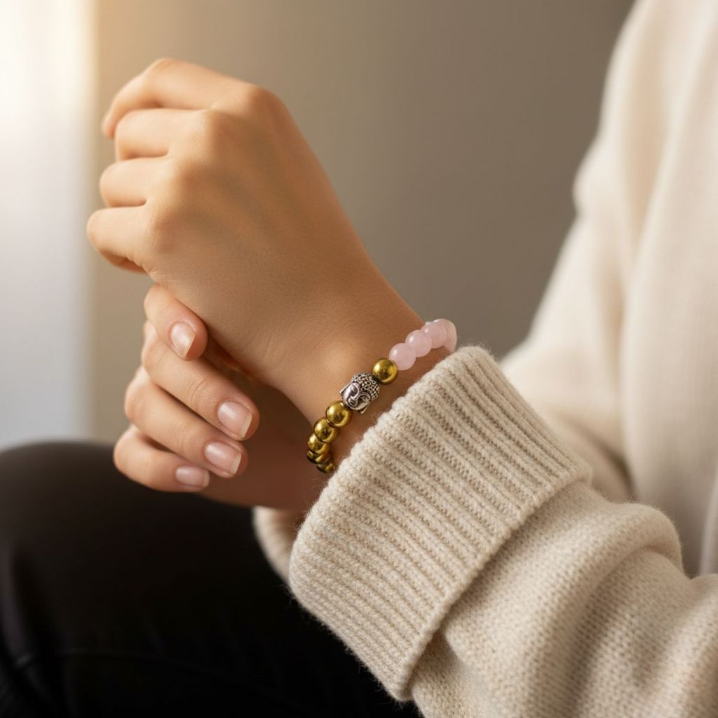 Rose Quartz & Golden Hematite Bracelet – Natural Healing Crystal Beads for Men & Women, Love & Positivity Energy Bracelet, Stretchable Handcrafted Jewelry Gift view 2