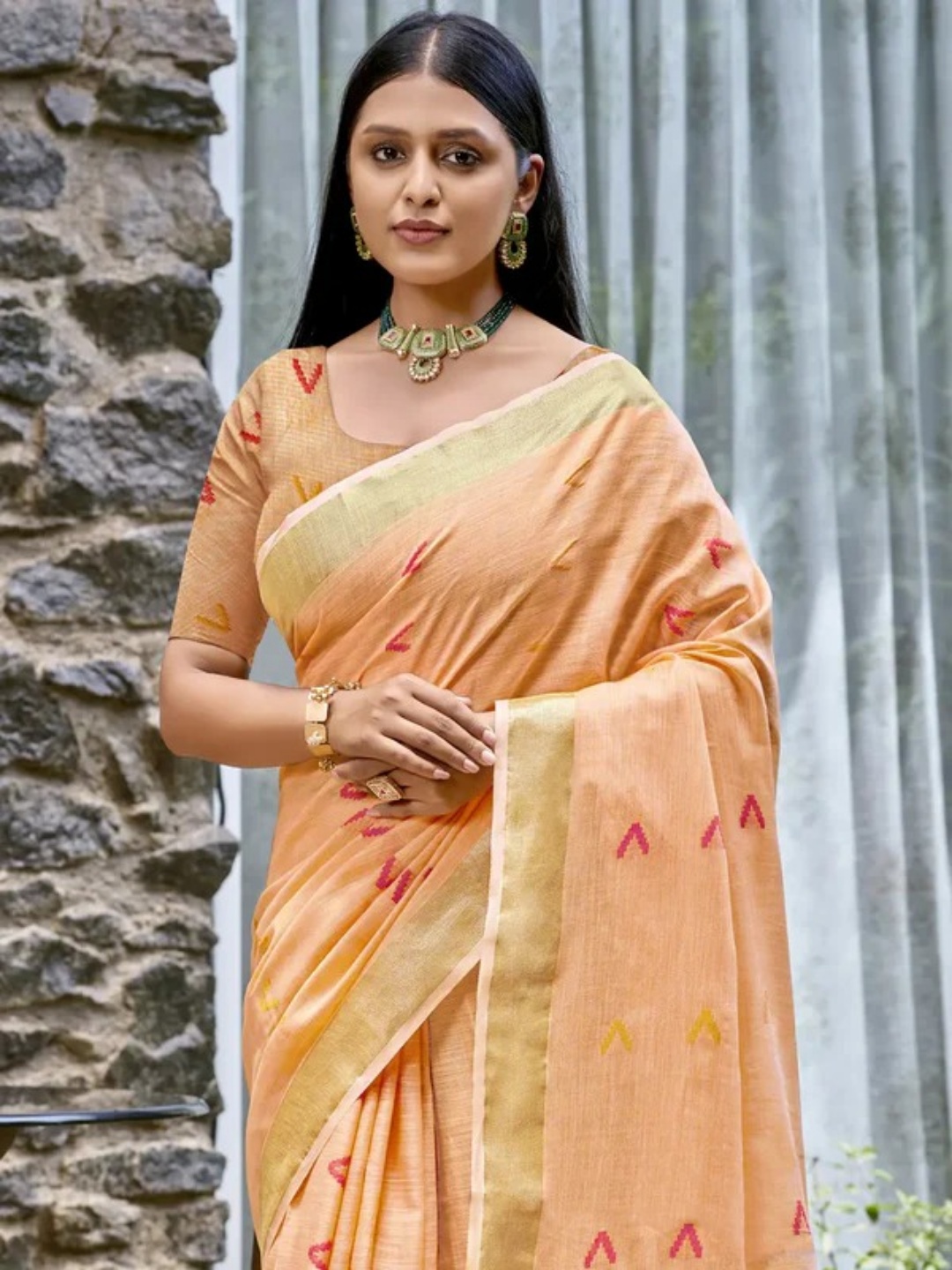 Peach Cotton Saree view 2
