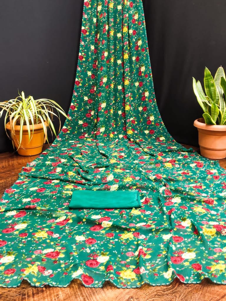 KHUSHBOO DESIGNERS Women's Solid Georgette 5.5 Meter Saree with Unstitched Blouse Piece (Green] view 2
