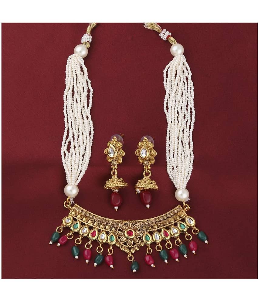 Silver Shine Alloy Golden Choker Traditional Gold Plated Necklaces Set view 2