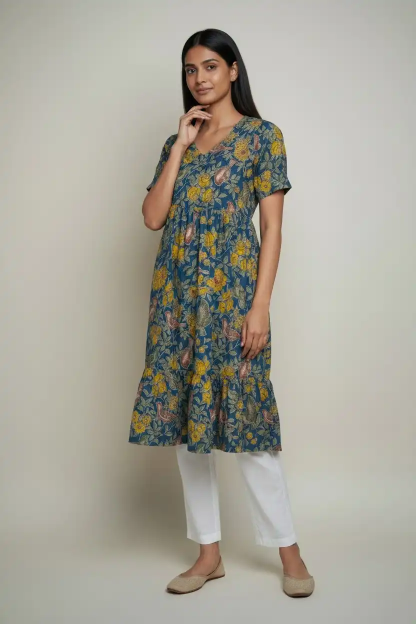 Floral Print Cotton Dress Indigo Yellow Brown view 2