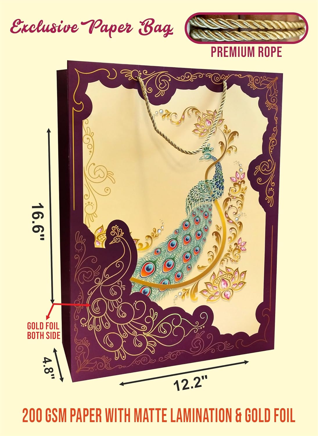 Premium Peacock 200 GSM Matt Lamination With Gold Foil Paper Gift Bags, Ideal For Premium Gifting, Wedding Gifts, & Gifting on Special Occasions (Size: 16.6 x 12.2 x 4.8 inch) - 5 view 2