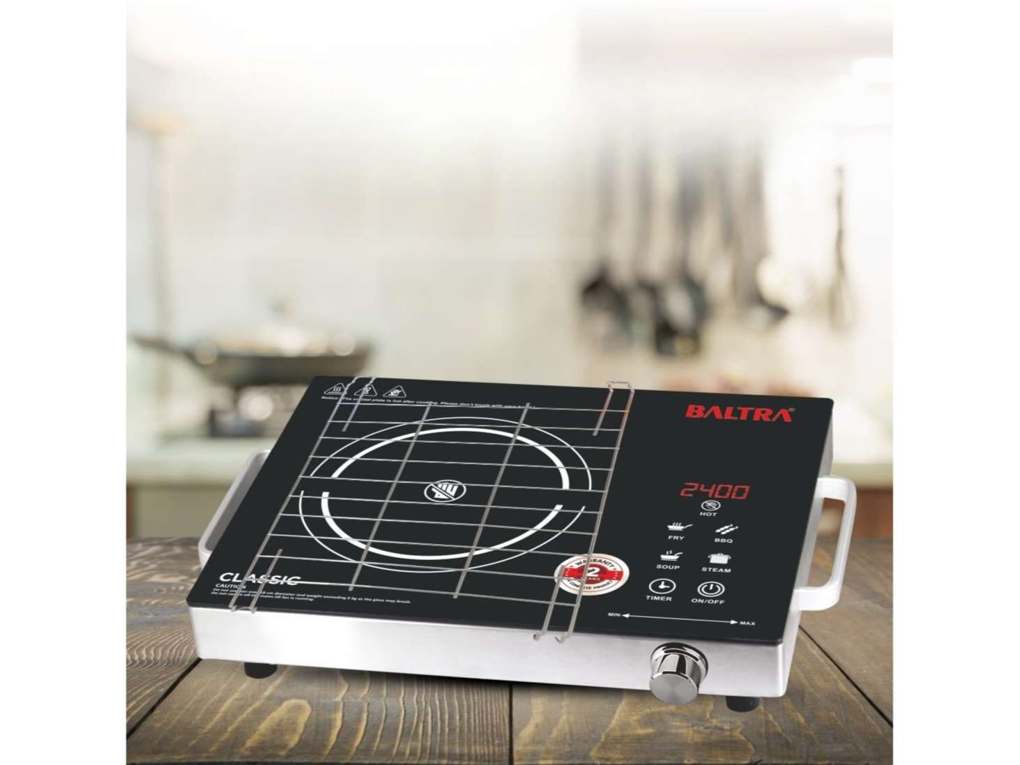 BALTRA Classic 2400W Infrared Cooktop Stove with Steel Grill Rack, Touch Control, Polished Crystal Glass Plate, Digital Display, 3 Cooking Modes