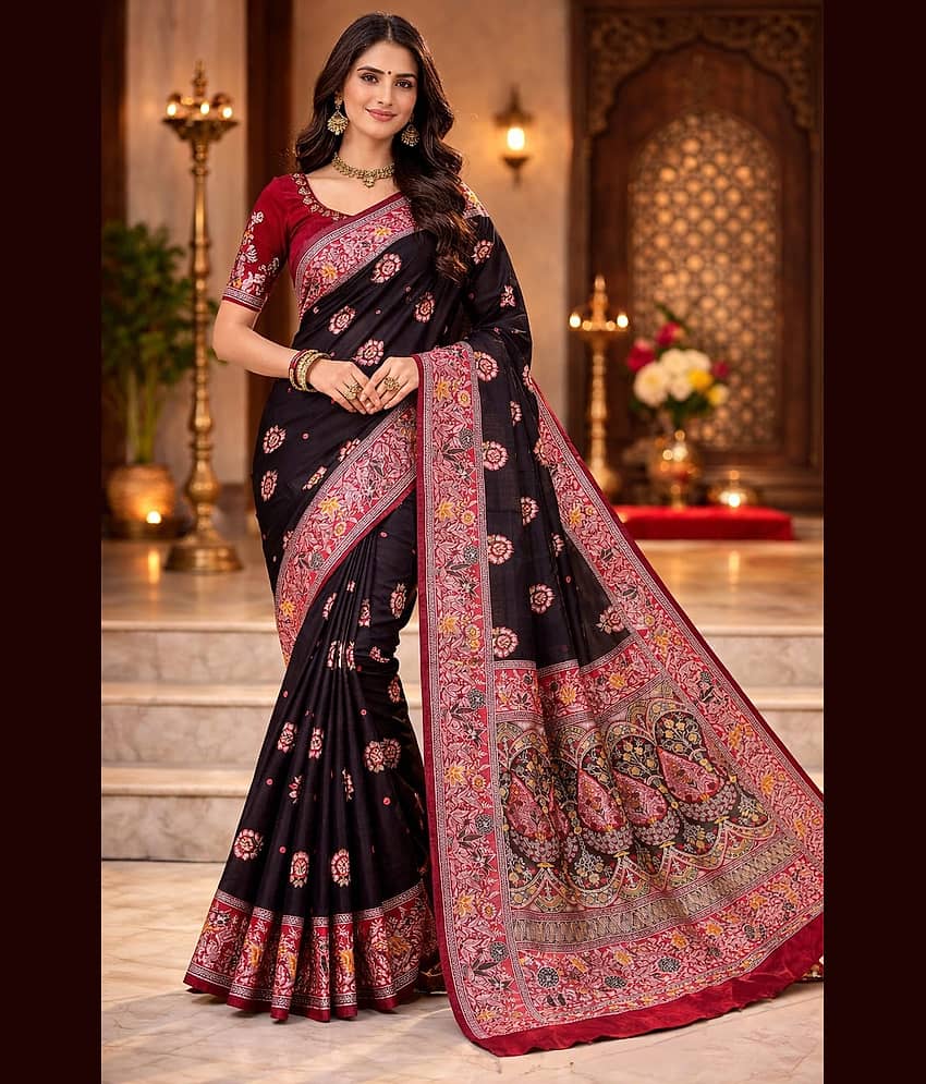Indesa Satin Solid Banarasi saree With Unstitched Blouse Piece ( Red )