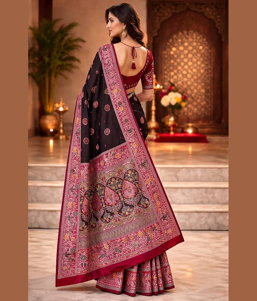 Indesa Satin Solid Banarasi saree With Unstitched Blouse Piece ( Red ) view 2