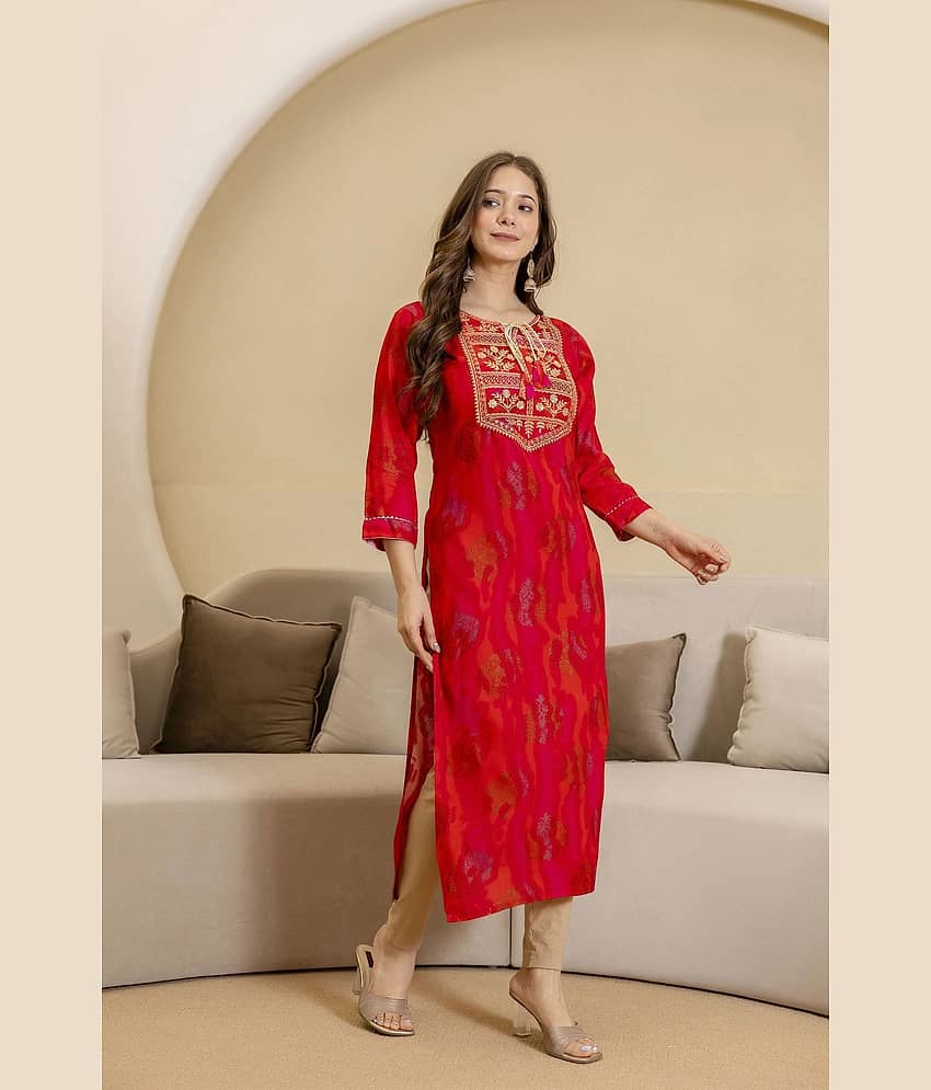 Kapadia Women Viscose Rayon Embroidered Straight Kurti ( Red ) view 2