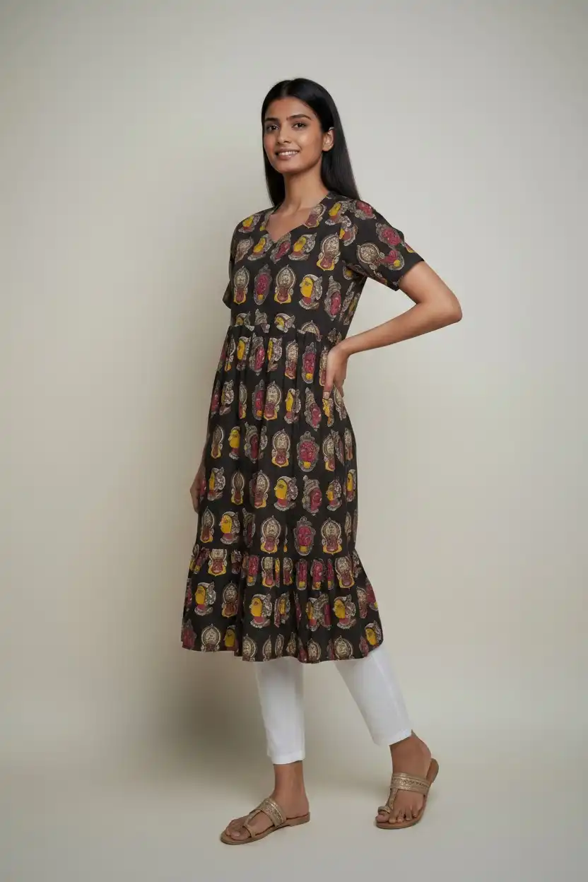 Pattachitra Print Cotton Dress Coffee Yellow Pink view 2
