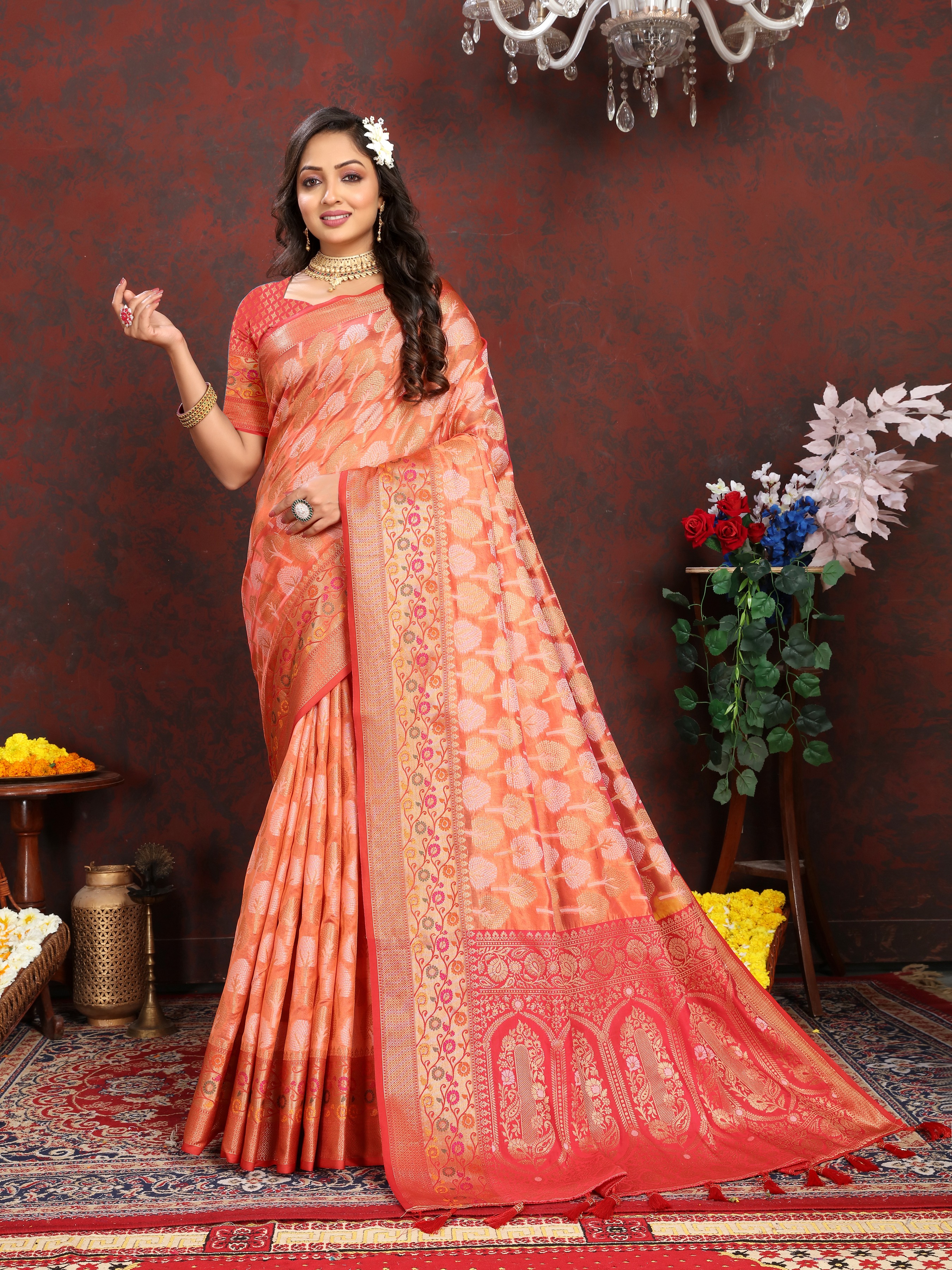Soft organza silk saree with Meenakari weawing ... view 2