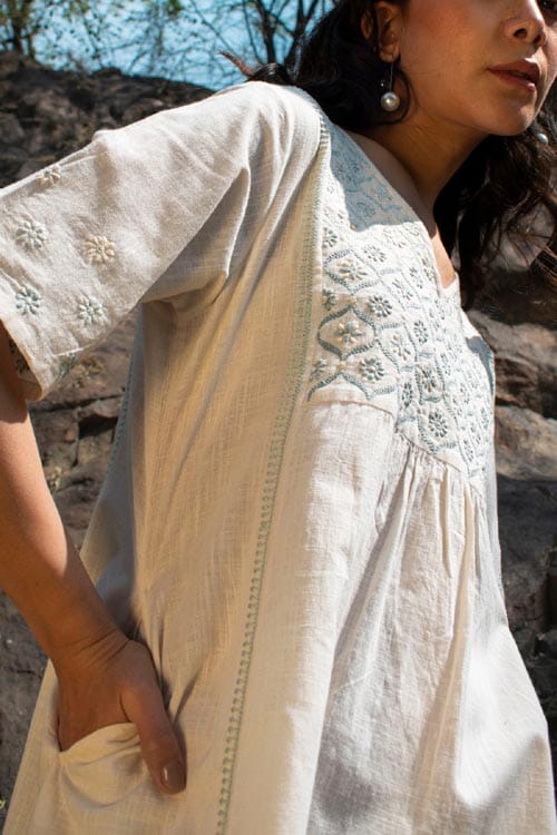 Avani Chikankari Off White Pure Cotton V Neck Dress view 2