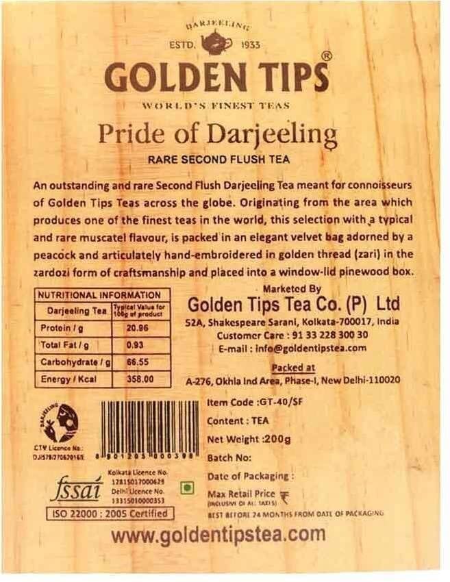 Golden Tips Rare Second Flush Darjeeling Tea Pinewood Box in The Packing of Zardosi Work on Velvet Pouch (100 Gram, 50 Cups) view 2