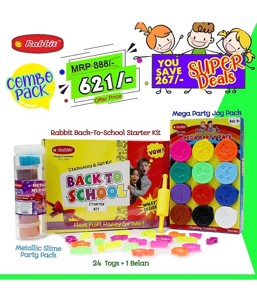 Rabbit Back To School Starter Kit+ Kid Doh Mega Joy Pack 12 Color+Play Slime Metallic Party Pack+24 Molding Toys & Belan| Play doh for Kids|Modelling Dough Set| Play Clay| Stationery Kit for Kids| Jelly Putty Toys| Age 3+ view 2