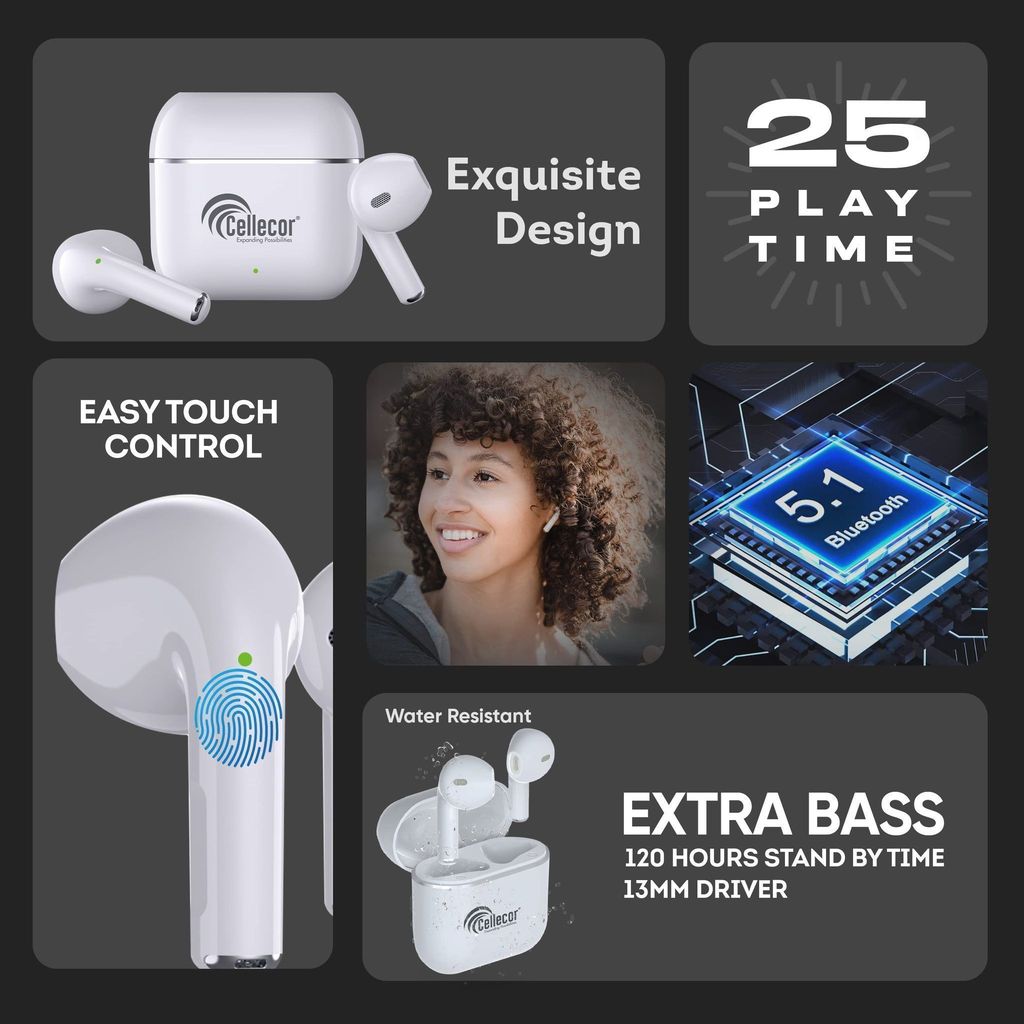 CELLECOR BroPods CB01+ Waterproof Earbuds with 25 Hours Playtime, Automatic Pairing, ENC Bluetooth Headset ( White) view 2