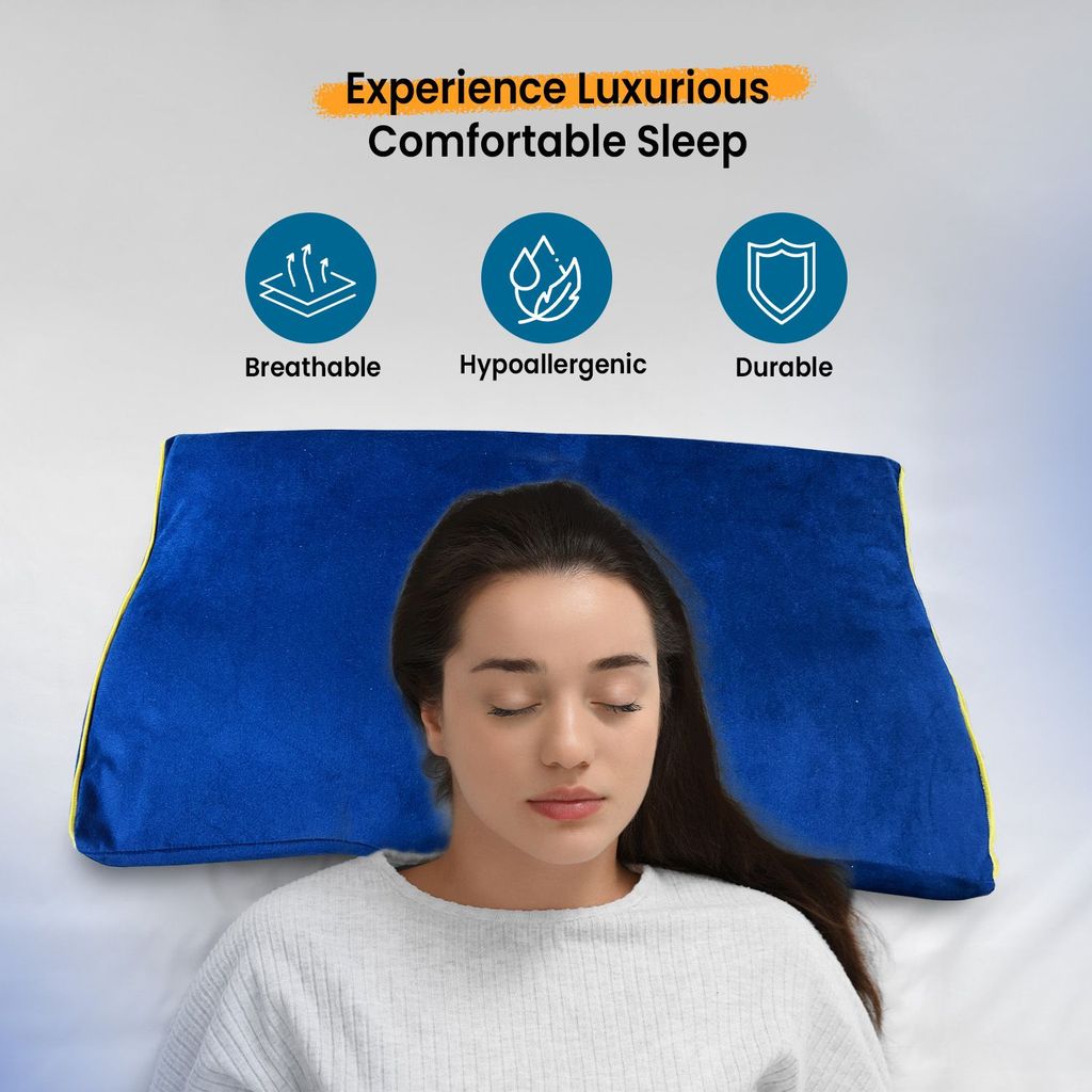 Sleepsia Cervical Memory Foam Pillow - Orthopedic Neck Sleeping Pillows for Side & Back Sleepers, Pillow for Neck & Shoulder Pain - (Velvet, Blue) Pack of 2 view 2