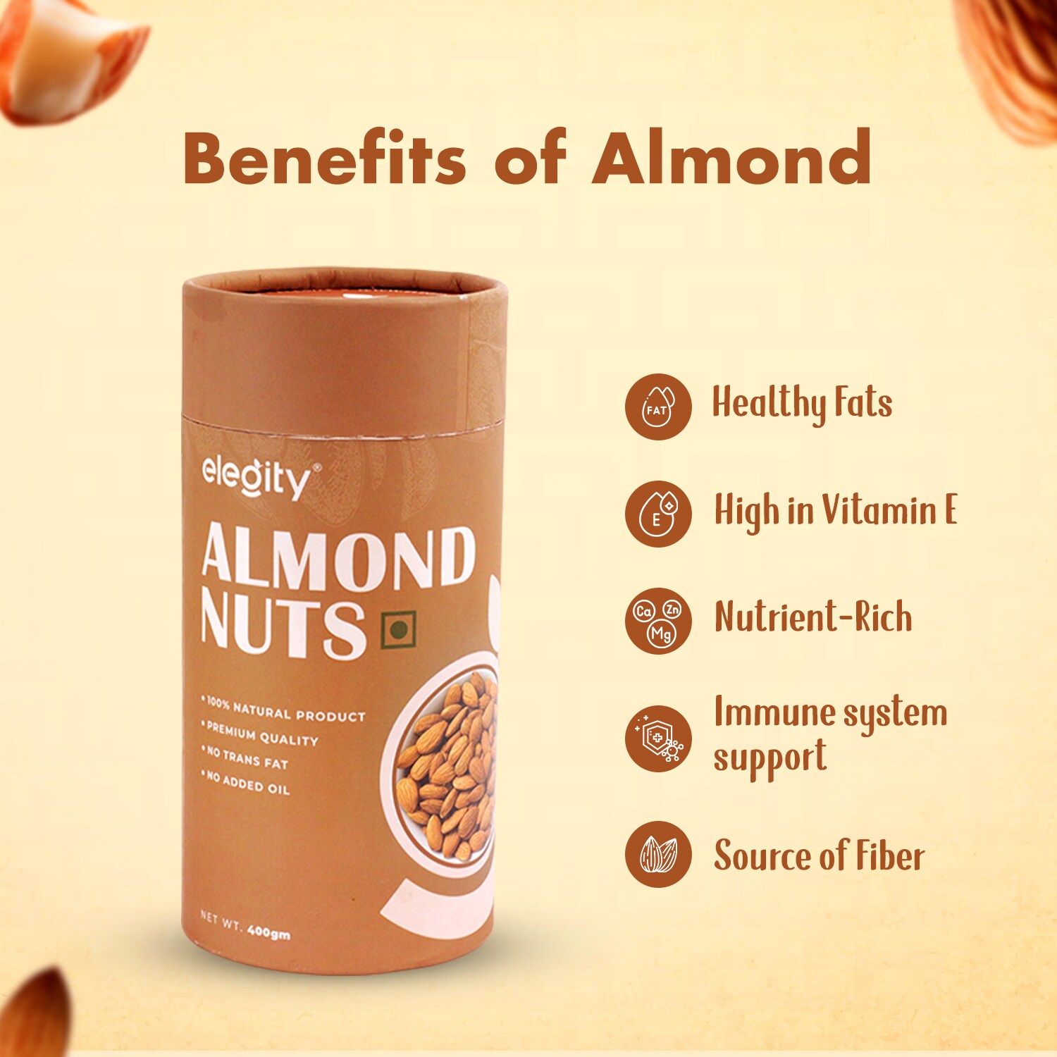 Elegity Pure California Almonds Whole, Badam Giri, 400 gm Value Pack | Rich in Protein, Magnesium, Phosphorus, Dietary Fiber view 2