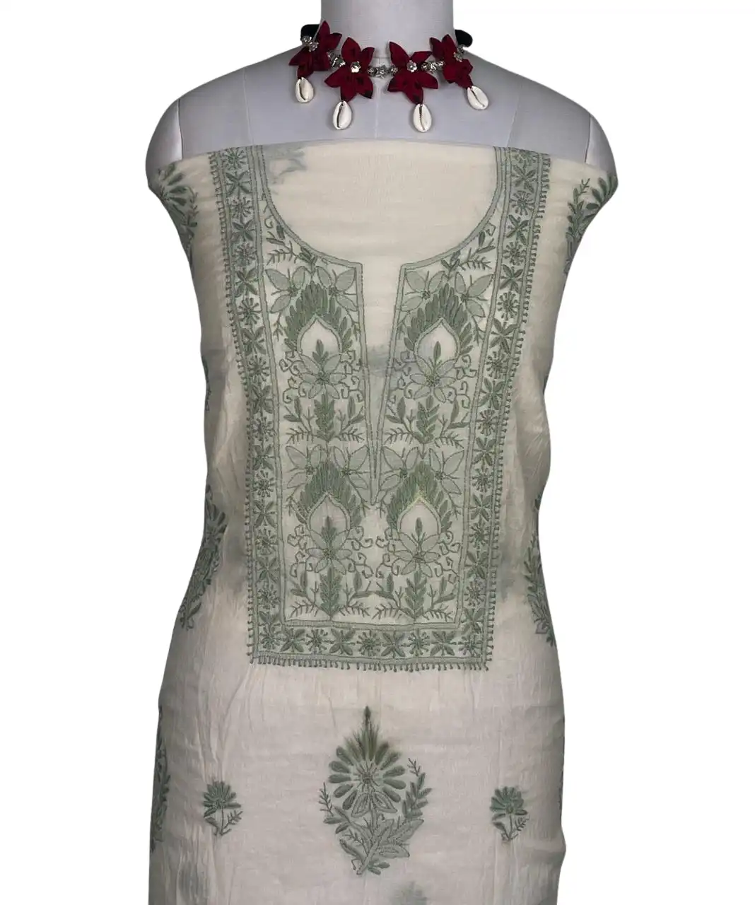 Chikankari Mul Chanderi Dress Material White Green Floral view 2