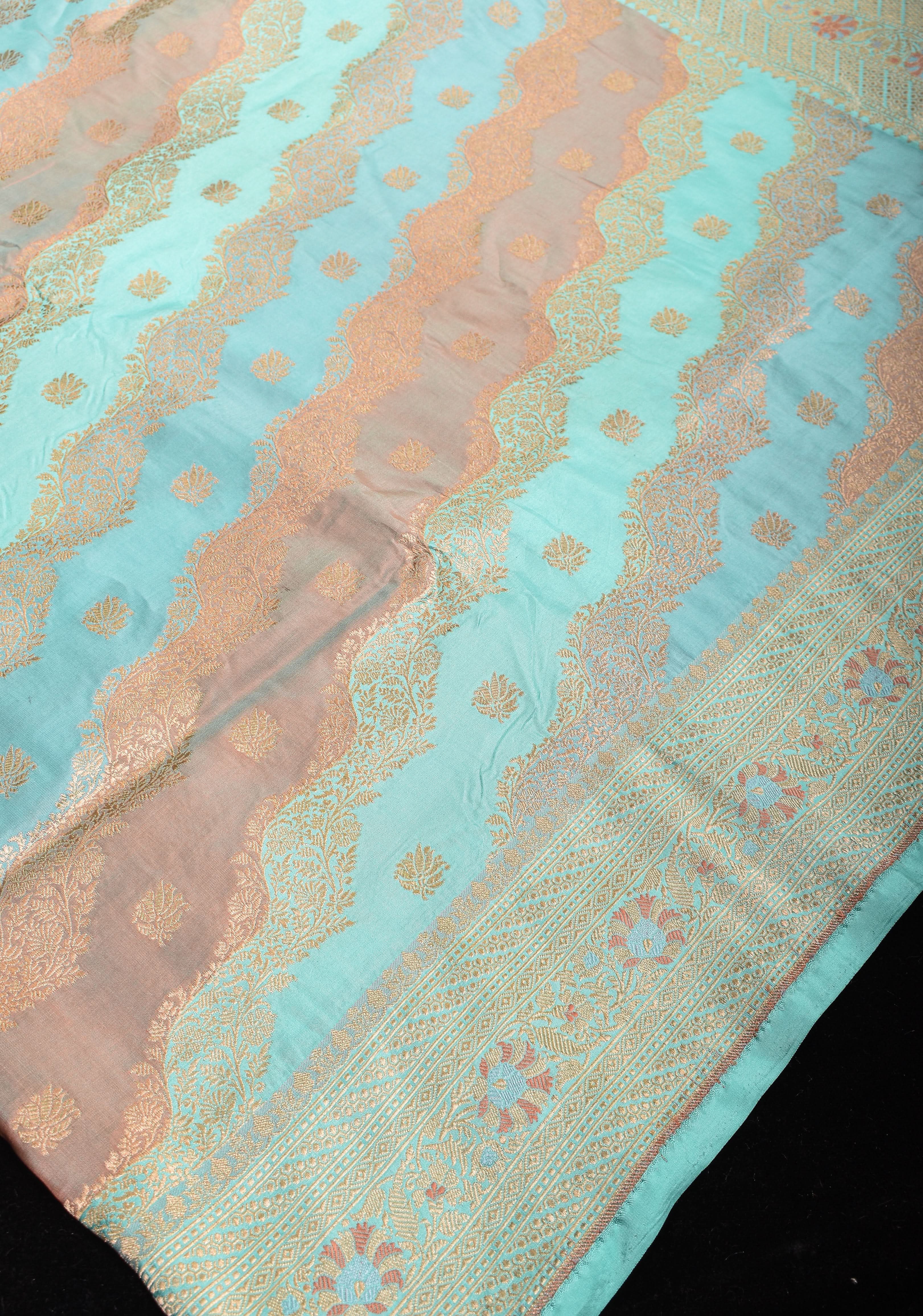 Sky Blue and Peach leheria Jaal Banarasi katan silk saree with zari Meenakari border | SILK MARK CERTIFIED view 2