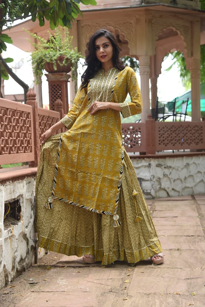 Bagru Handblock Print Cotton Kurta Skirt Set – Mustard view 2