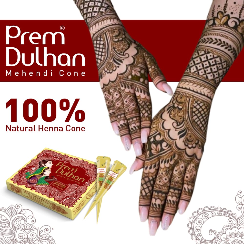 Prem Dulhan Natural Henna Mehandi Cones 12 Pcs Box, Brown Mehendi Cones, for Bridal and Festivals, Easy Application, Yellow box view 2