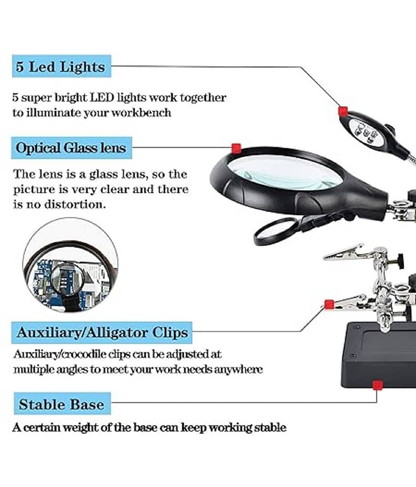 Desktop LED Lighted Magnifying Glass Soldering Station, mlogiroa Adjustable Helping Hands Magnifier 2.5X 7.5X 10X Magnifying Glass Magnifier Station with LED Light view 2