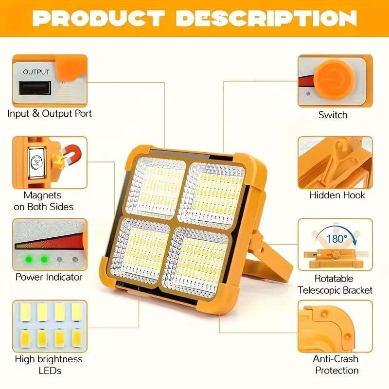 100W Solar LED Work Light, Rechargeable Flood Light with 12000 mAh Battery, USB Power Bank, IP66 Waterproof for Camping, Garage & Emergency view 2
