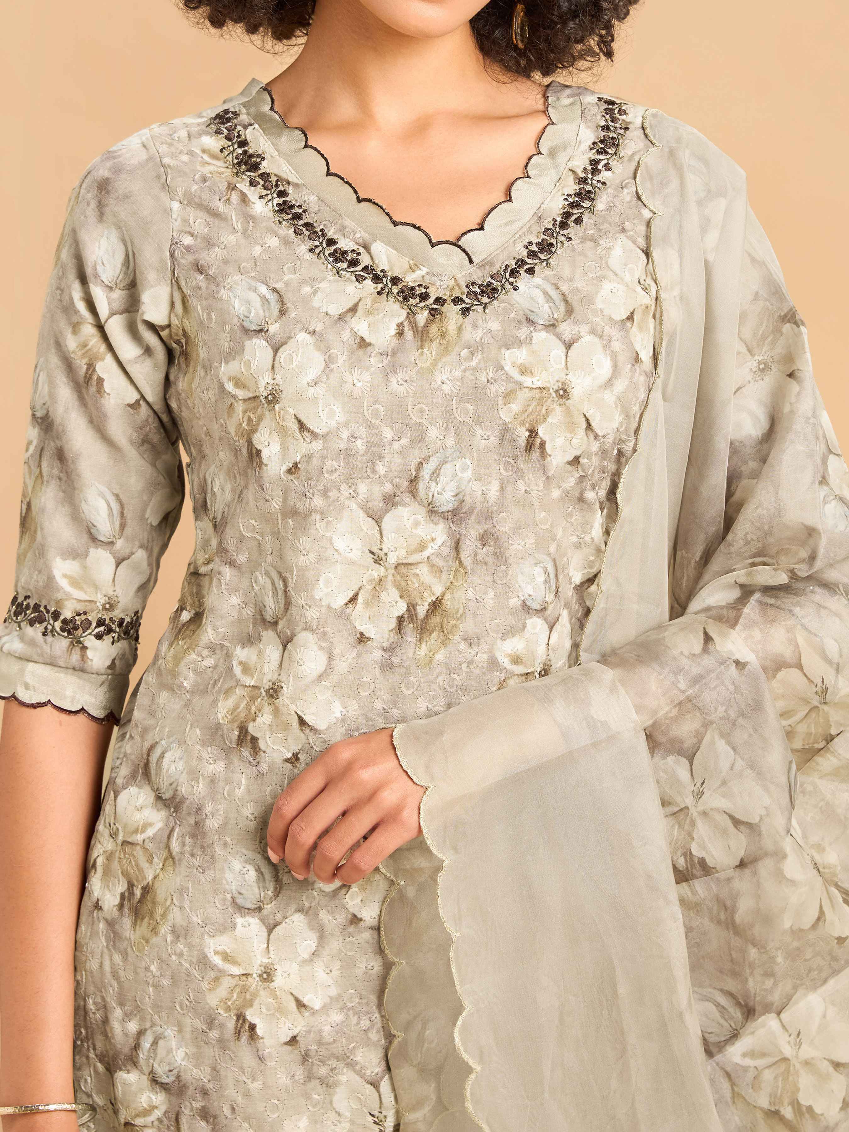 Multi Colour Cotton Schiffely Printed Kurti set & Dupatta With Hand Work view 2