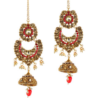 Lucky Jewellery Ethnic Copper Finish Bridal Golden Red Color Drops Alloy Gold Plated Wedding Dulhan Shadi Jewellery Set For Girls & Women (3630-G2ZR-195-LCT-RED) view 2