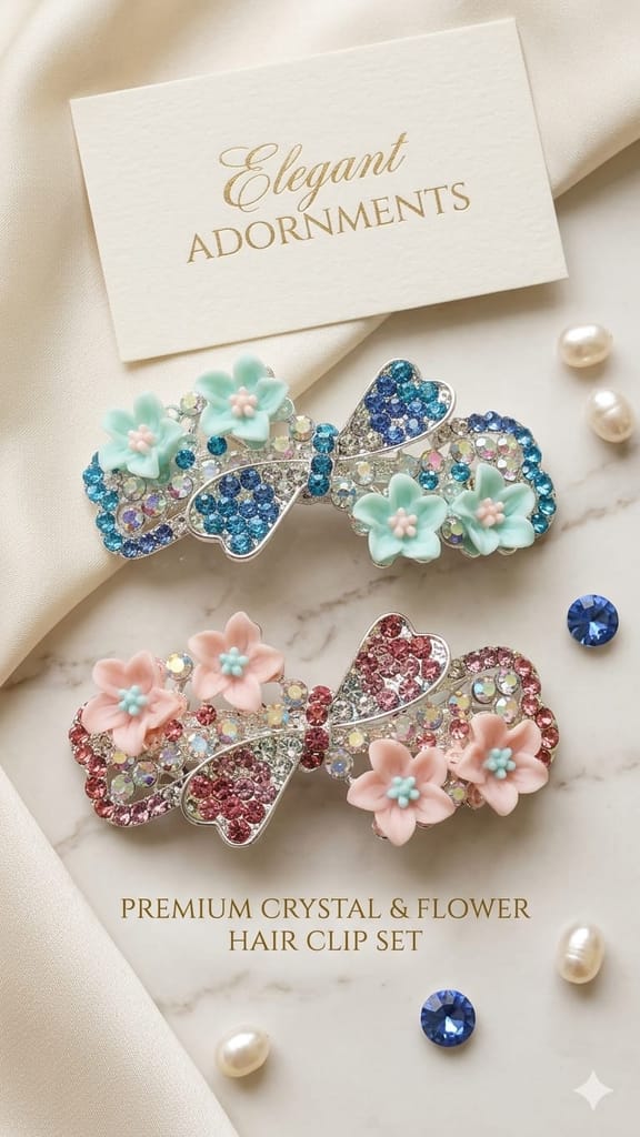 Floral Crystal Bow Hair Clip / Hair Barrette (pack of 2) view 2