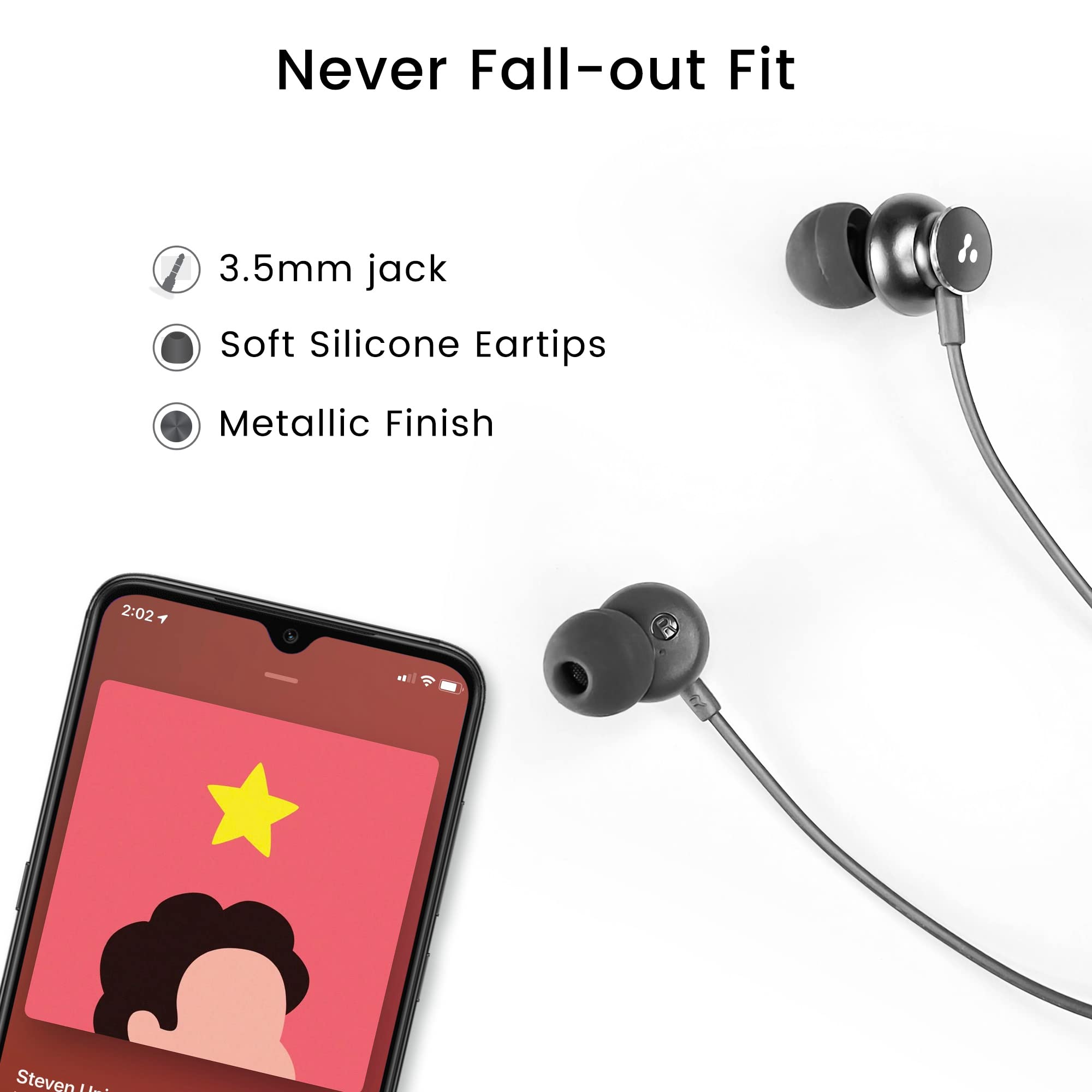 Ambrane Stringz 38 Wired Headphones with Mic, Powerful HD Sound with High Bass, Tangle Free Cable, Comfort in Ear Fit, 3.5mm Jack (Black), Normal view 2