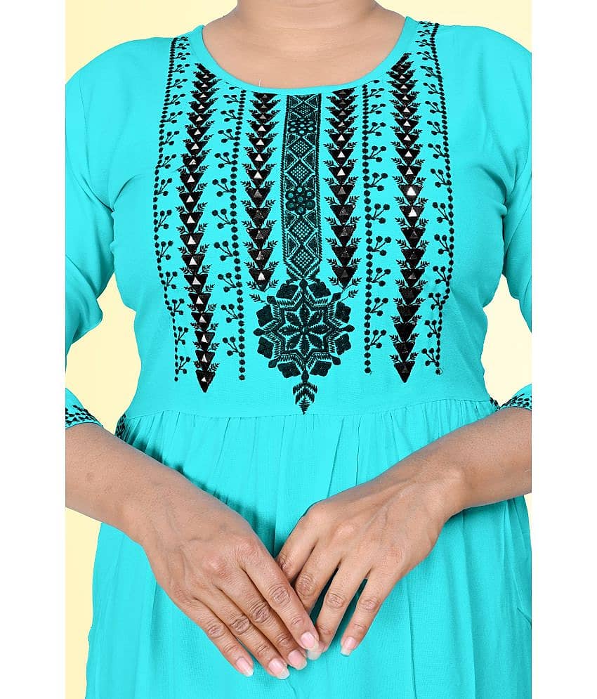 haya fashion - Turquoise Rayon Women's Straight Kurti ( Pack of 1 ) view 2