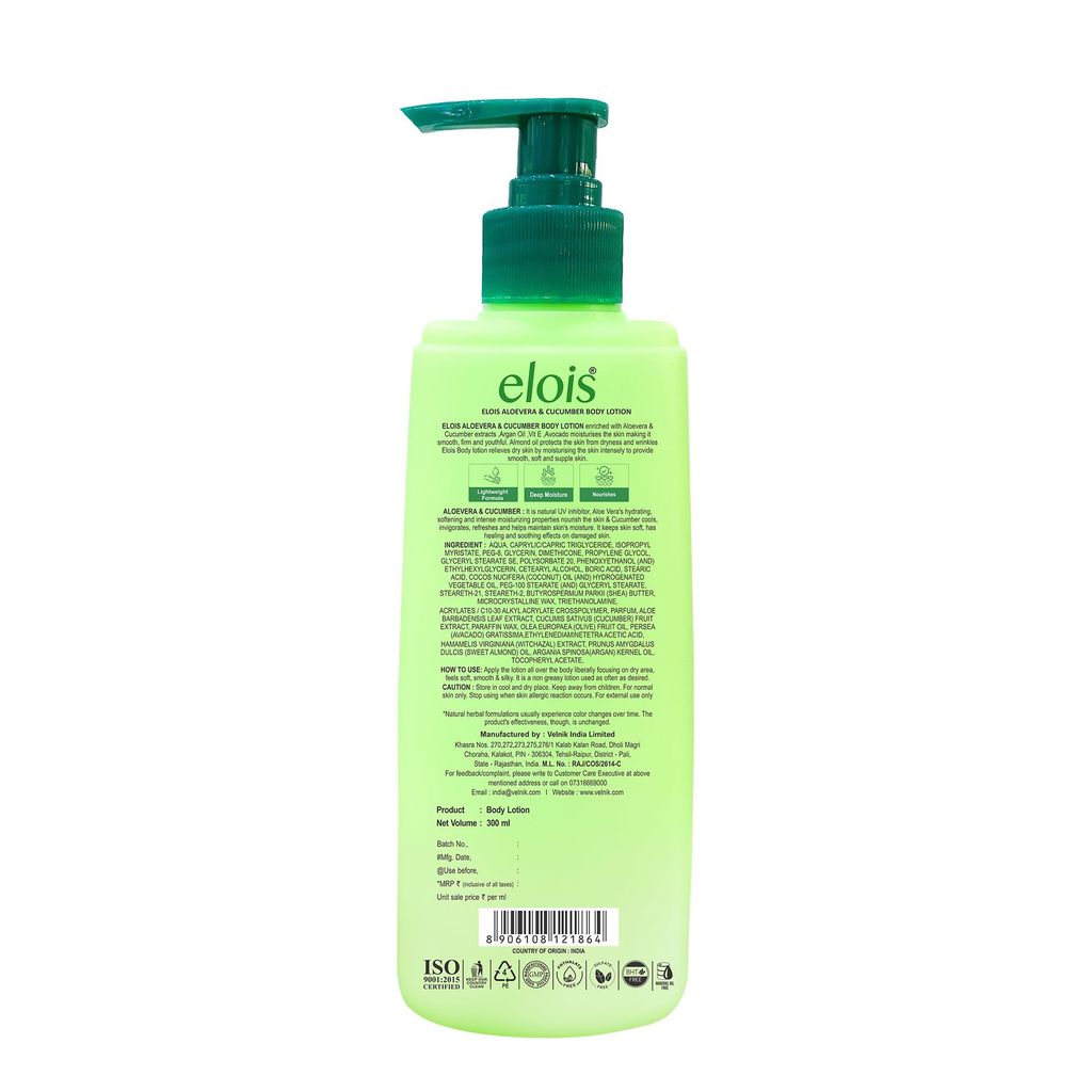 Elois Aloevera and Cucumber Intense Hydrating Body Lotion, Soft and Glowing Skin for Men and Women with 100% Natural Extracts 300ml view 2