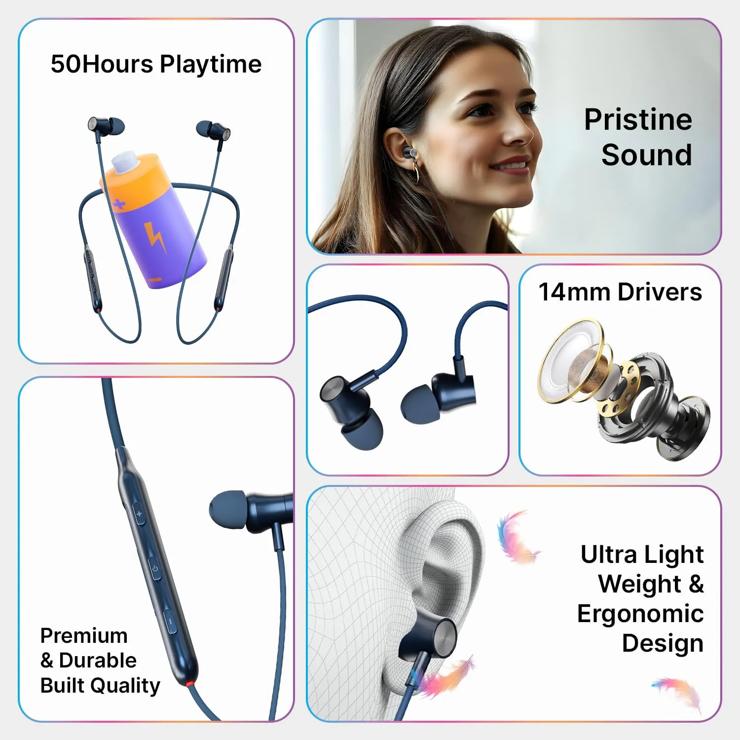 PTron Tangent Evolve w/ 50Hrs Playtime,HD Mic,Pristine Sound,14mm Drivers,Bluetooth V5.3 w/Dual-Device Pairing Wireless Neckband,Magnetic Buds,Voice Assistant,Type-C Charging & IPX4 (Blue) |in_Ear view 2