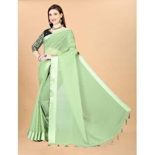 Green Colour Chiffon Solid Printed Saree With Blouse Piece view 2