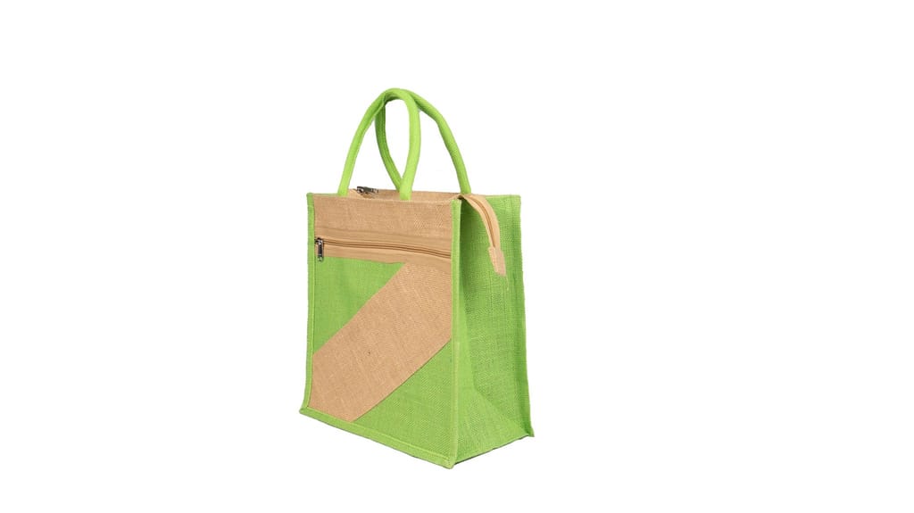 Green Jute Tote Bag with Zipper and Brown Trim view 2