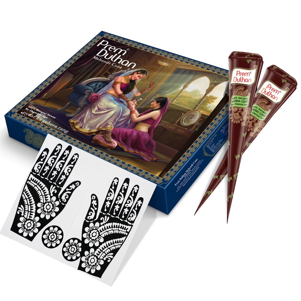 Prem Dulhan Brown Henna Cones Box 12 Pcs with Flower Stencil Blue Box view 2