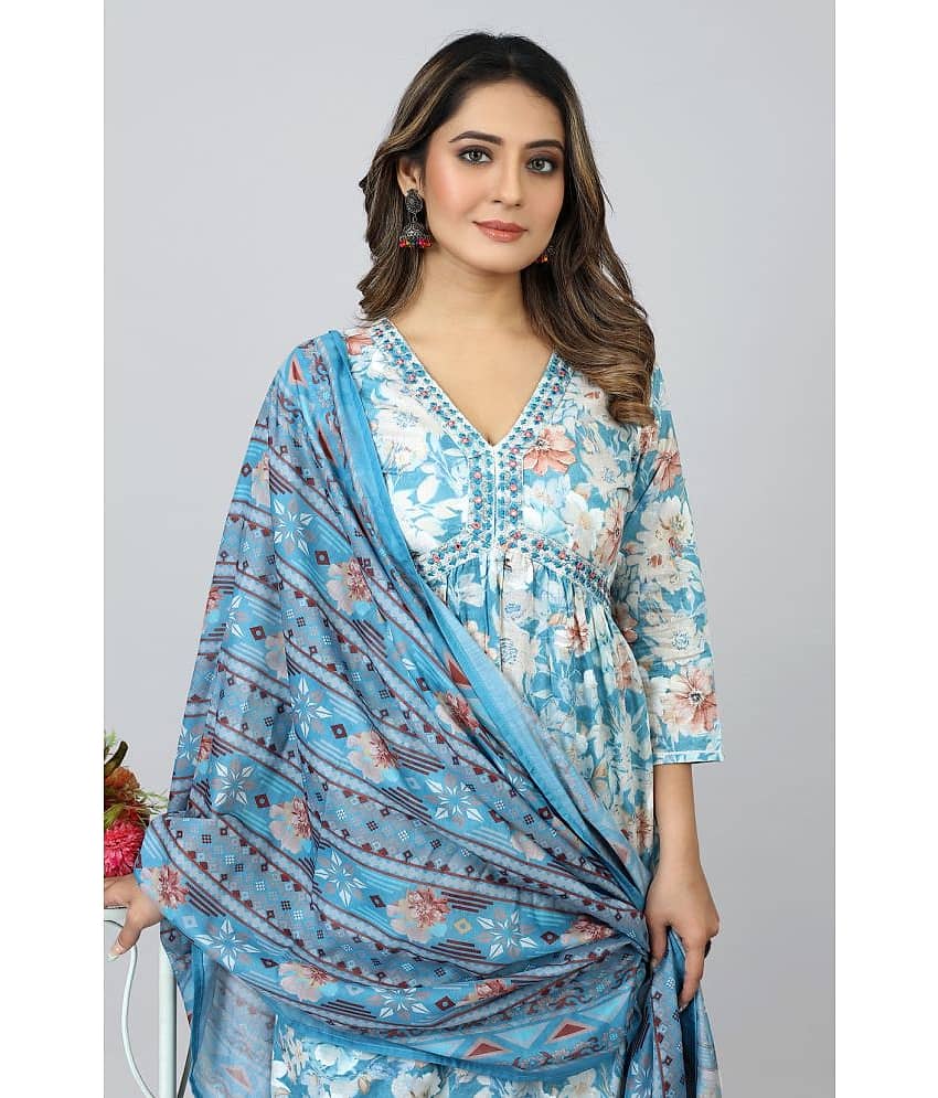SARRAS Cotton Printed Kurti With Pants Women's Stitched Salwar Suit - Blue ( Pack of 1 ) view 2