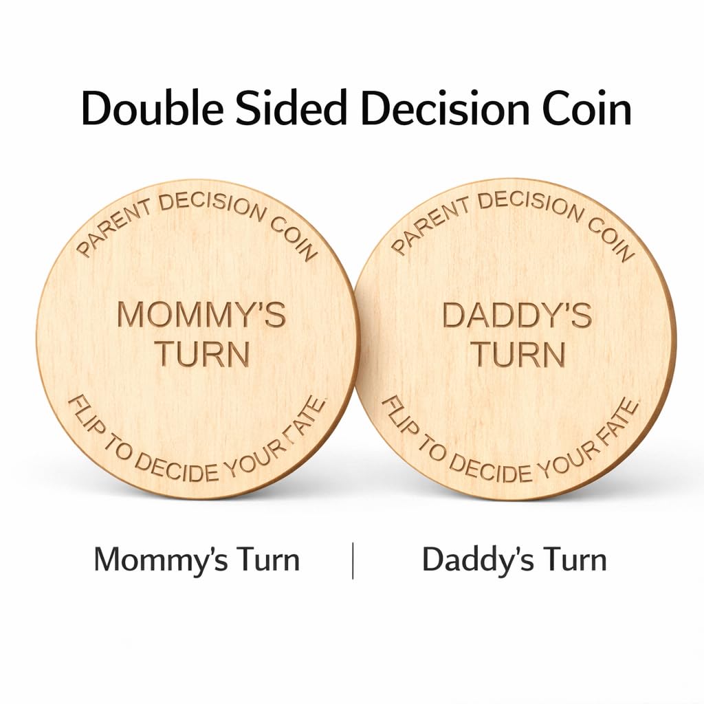 Wooden New Parents Decision-Making Coin | Double-Sided 'Mommy's Turn/Daddy's Turn' Token | Funny Baby Shower Gift for Mom & Dad | Wooden Diaper Changing & Feeding Duty Coin view 2