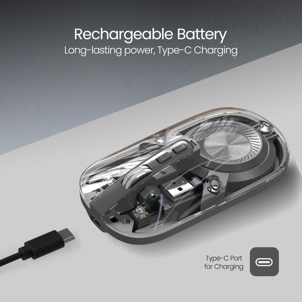Portronics Toad 8 Transparent Wireless Bluetooth Mouse with Dual Wireless (BT + 2.4 GHz), Rechargeable Battery, Noise-Free Clicking, Show/Hide Desktop, Multi-Device Pair, Adjust Sensitivity (Purple) view 2
