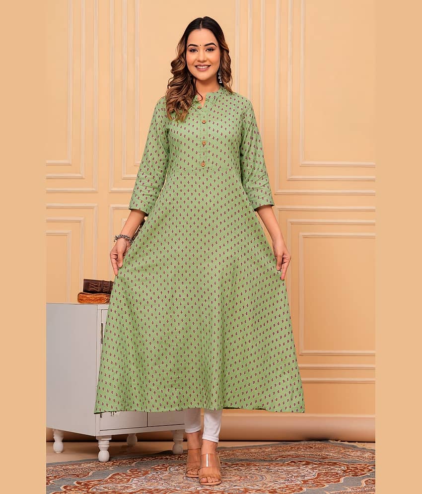 GlowWorld Cotton Printed Flared Women's Kurti - Green ( Pack of 1 )