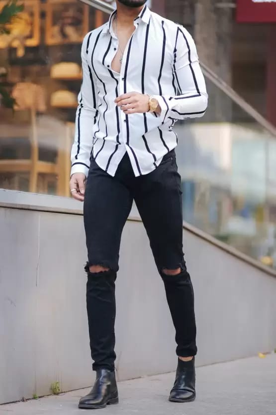 Men Regular Fit Striped Mandarin Collar Casual Shirt view 2