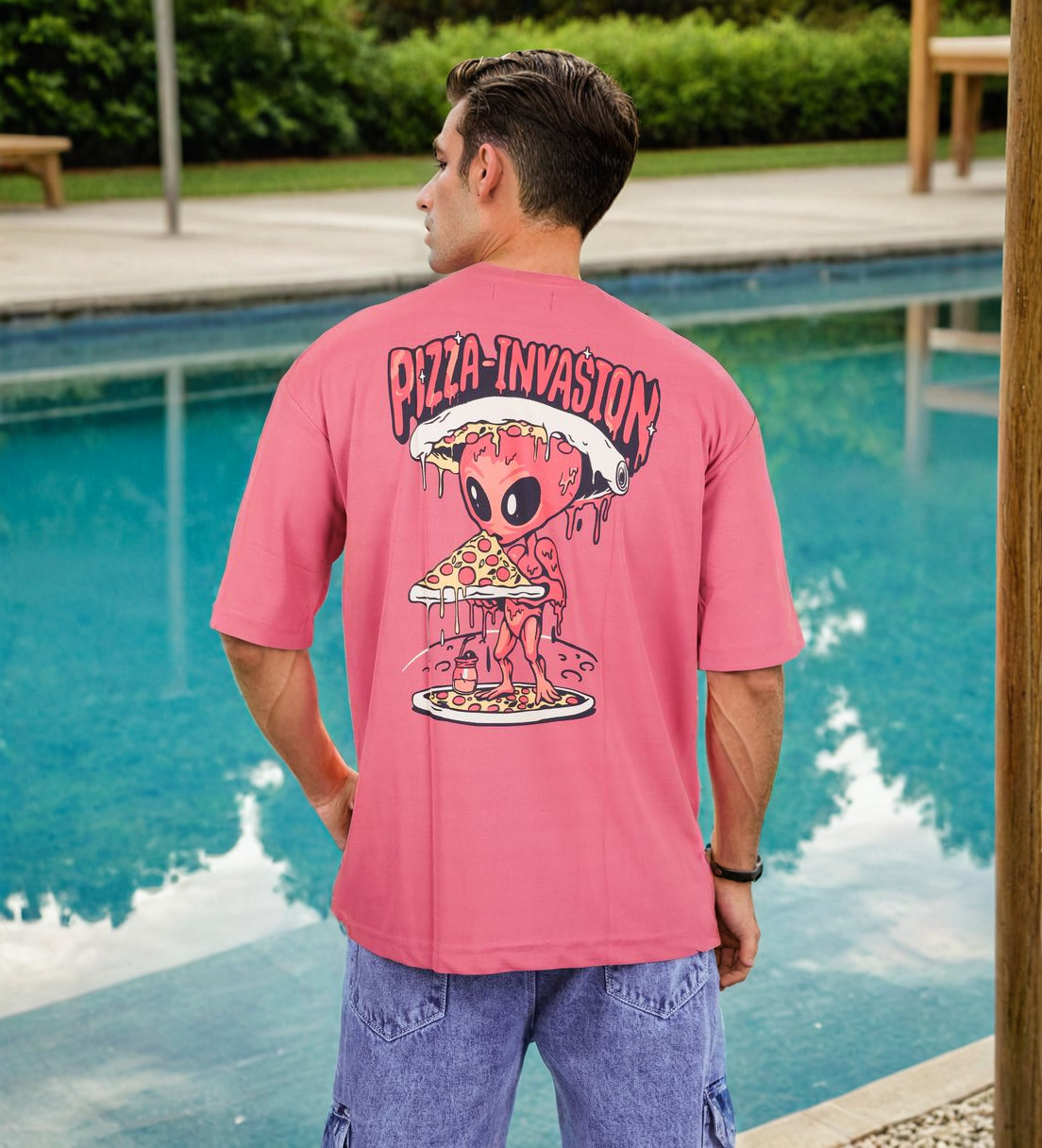 Pizza Invasion Back Print Oversized T-shirt Pink view 2