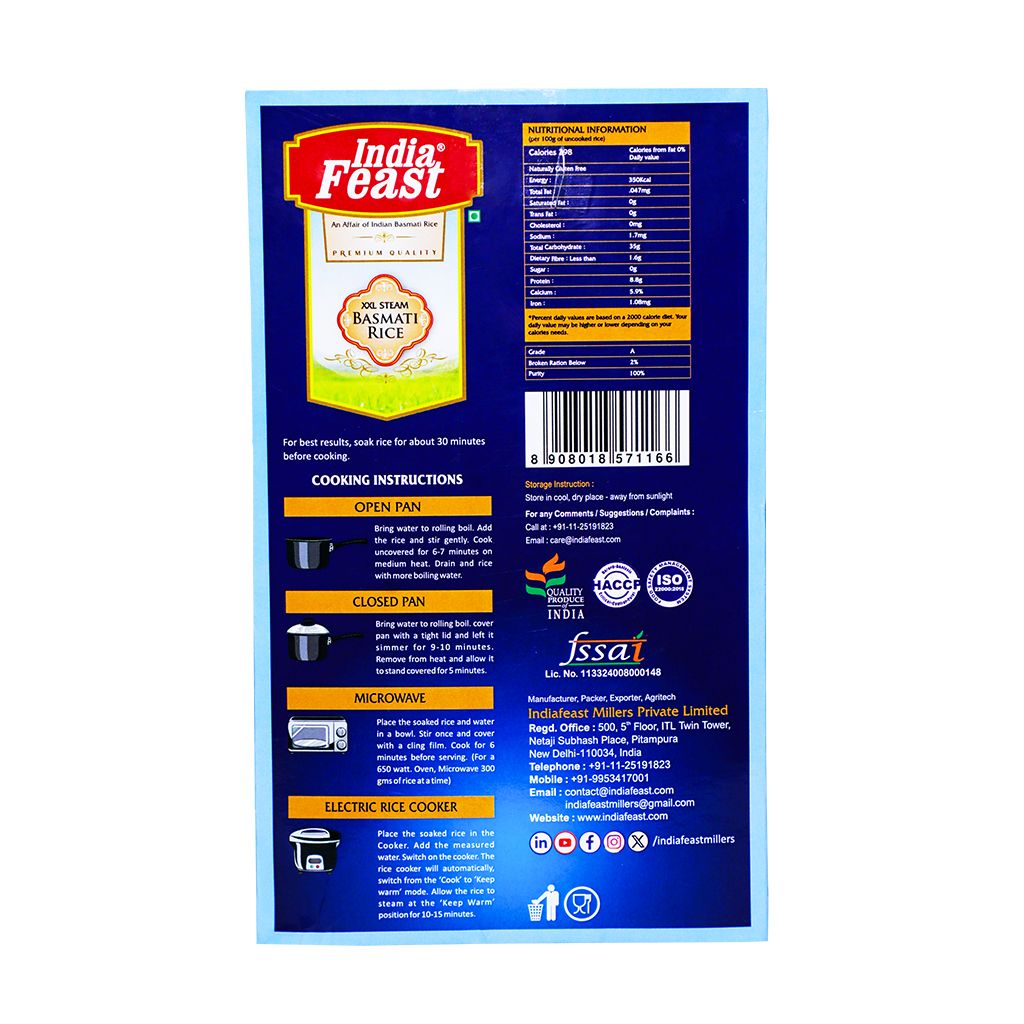 Indiafeast XXL Steam Basmati Rice | 1kg | Long Grain view 2