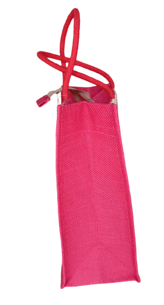 Small Pink Jute Tote Bag with Red Handles and Colorful Heart Print view 2